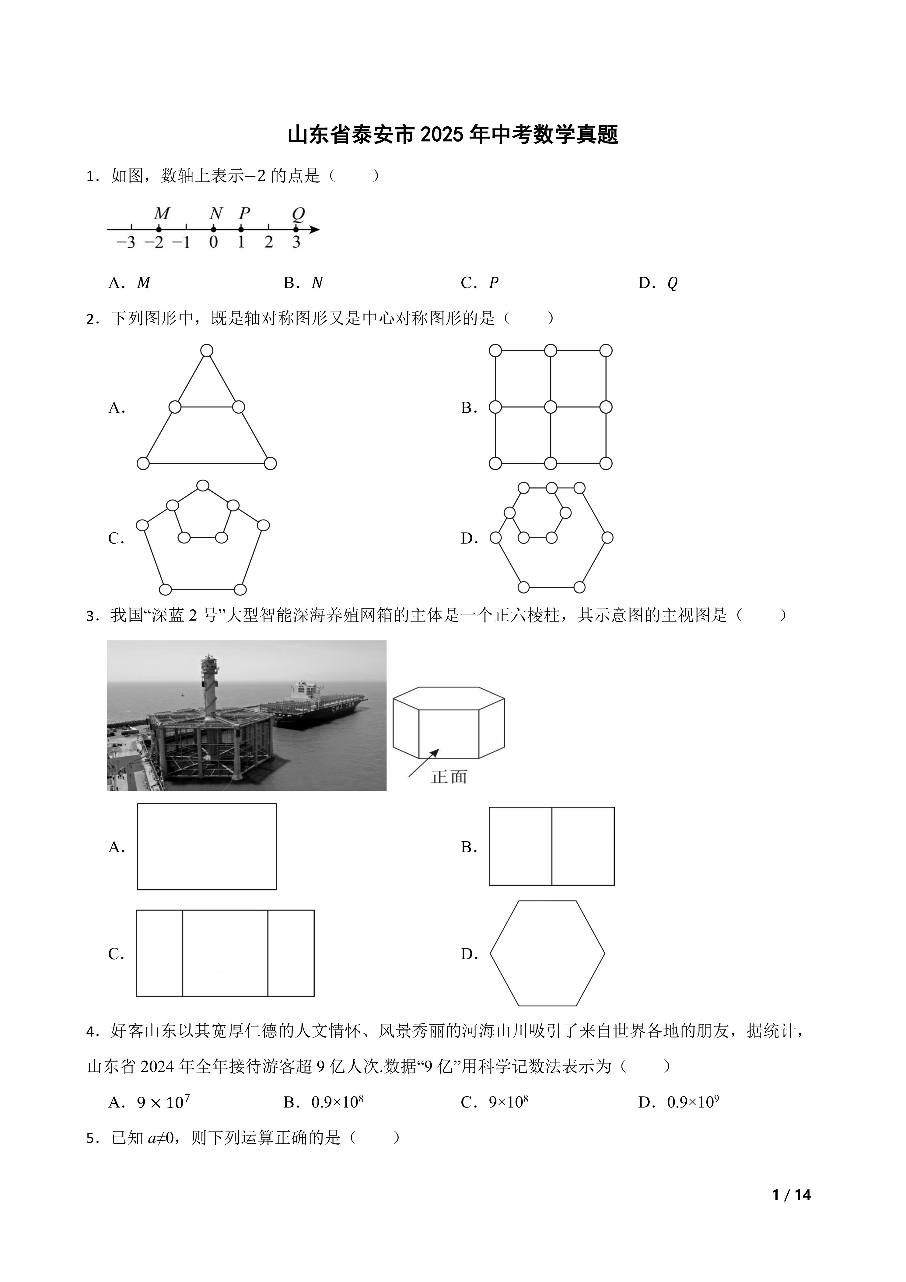 [中考真题]山东省泰安市2025年中考数学真题
